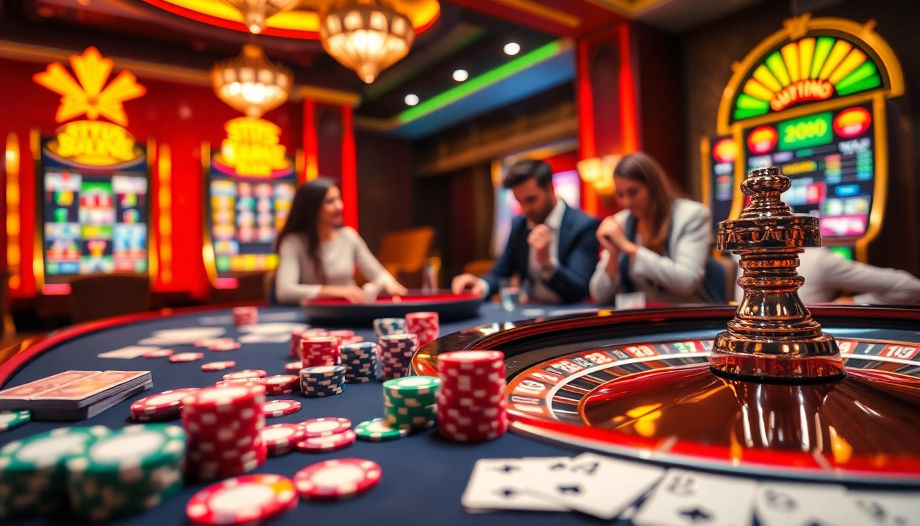 Adegan permainan Situs Gacor dengan chip poker berwarna-warni, kartu, dan roda roulette yang menarik.