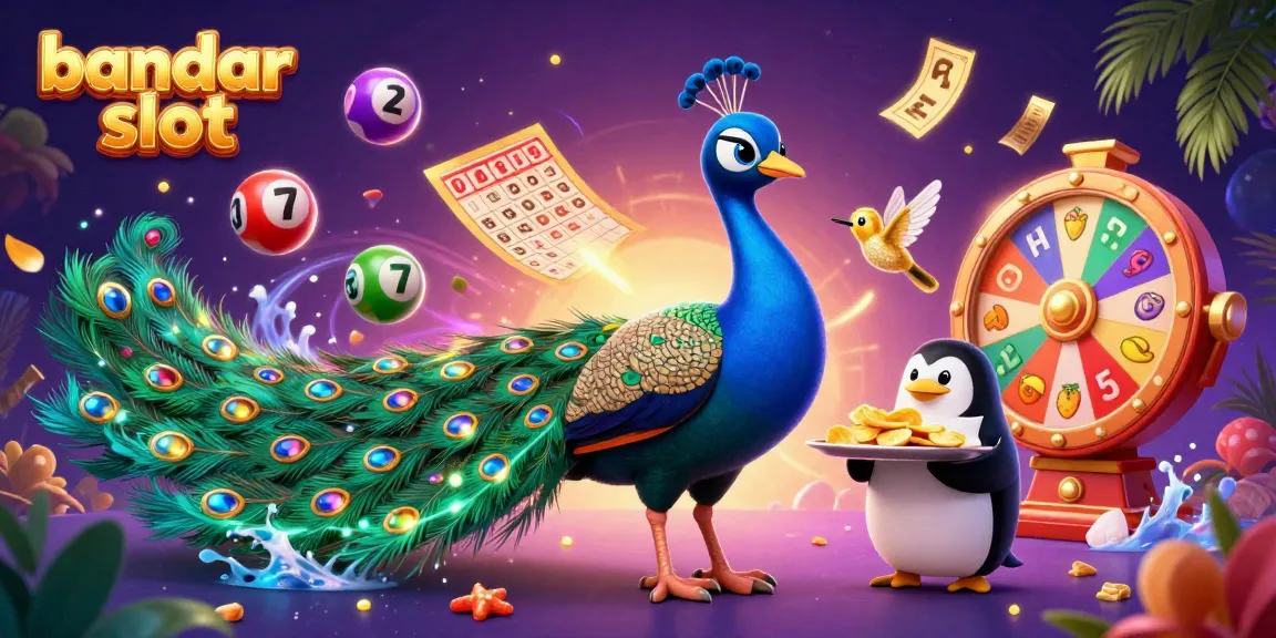 Permainan di bandar slot dengan merak megah dan penguin pelayan di kasino digital.
