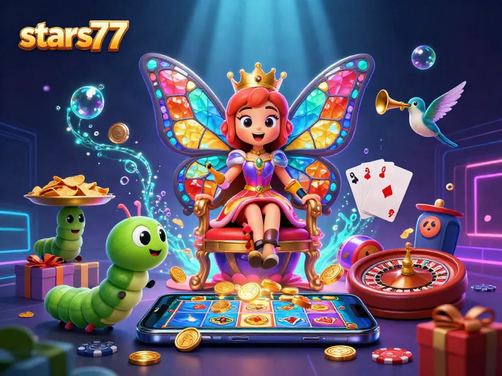 Permainan slot menarik di stars77 dengan ratu kupu-kupu dan harta karun berkilauan.