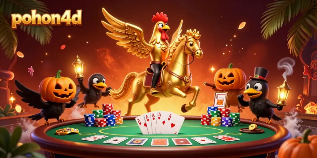 Pohon4D's golden rooster character brings poker action to life in a vibrant casino scene.