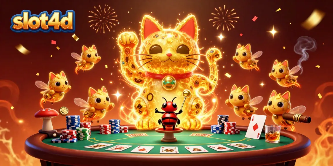 Engage with slot4d's vibrant casino scene featuring a lucky cat and fireflies celebrating the game.