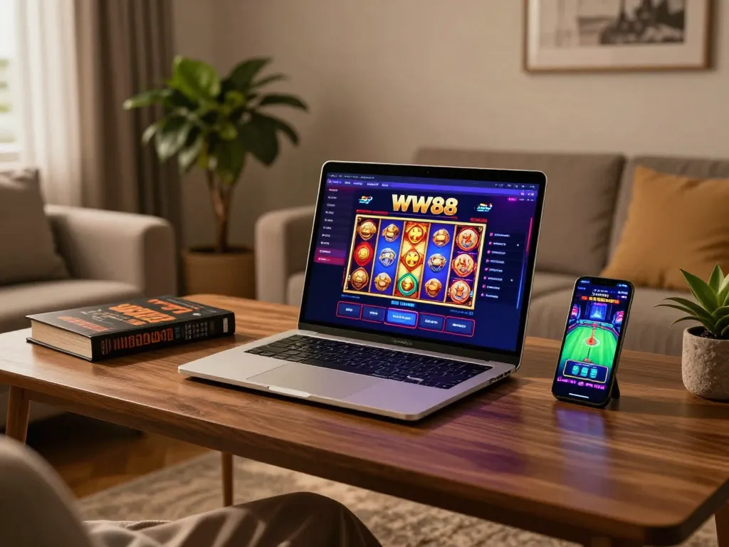 Engaging WW88 online casino gaming setup with laptop and smartphone, reflecting modern gambling.