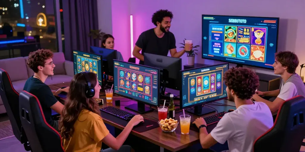Friends enjoying gaming experiences with Seributoto platform in a lively living room