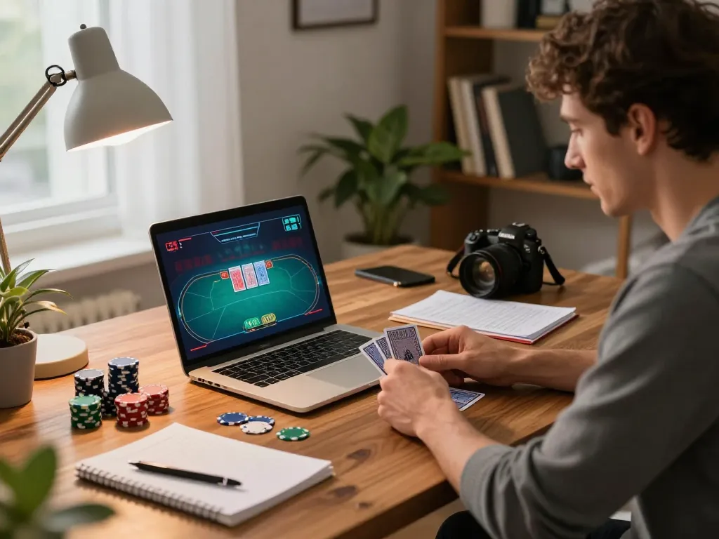 Gambler strategizing poker game on laptop with fabet app in a cozy home office.