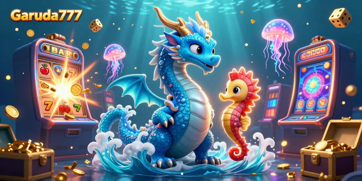 Garuda777 menampilkan naga air biru mengesankan dan ksatria kuda laut bersenjatakan armor karang di tengah jackpot slot.