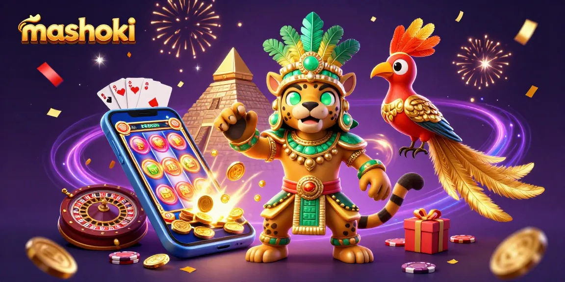 Spin the reels and win big with mashoki's dazzling slot gaming scene featuring vibrant characters.