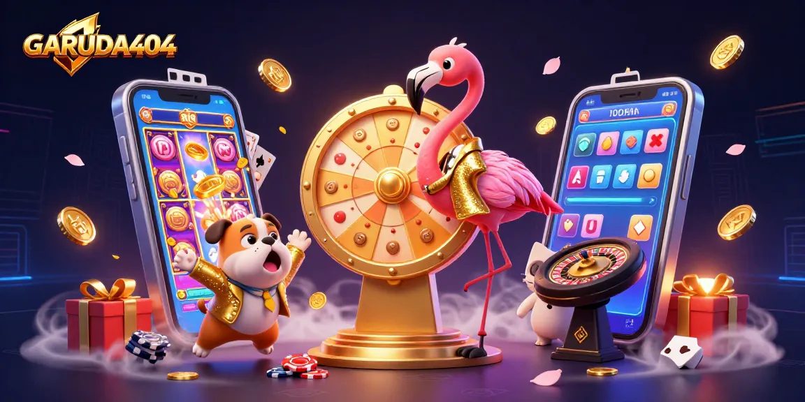 Win big with GARUDA404 in this exciting 3D illustration of a game show host, bulldog contestant, and prizes!