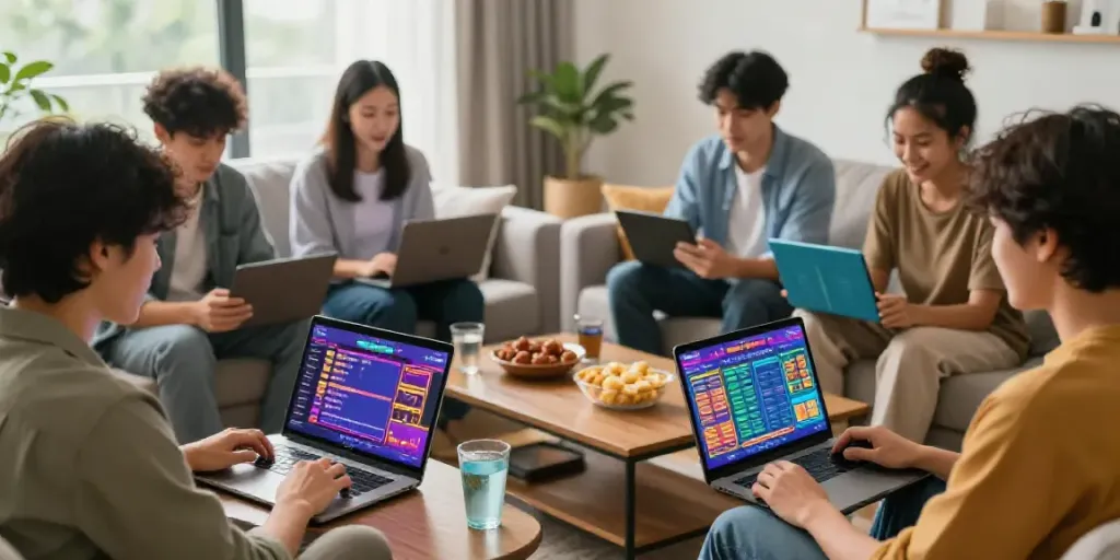 Suasana bermain togel online di rumah, dengan teman-teman menikmati permainan alexistoto bersama.