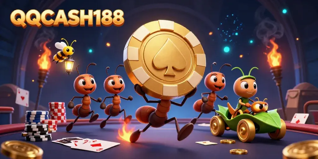 Join the heist with QQCASH188’s golden poker chip in this vibrant casino adventure scene.