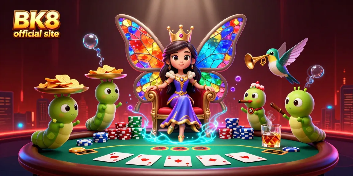 Experience the vibrant BK8 official site with the dazzling butterfly queen in a lively casino setting.