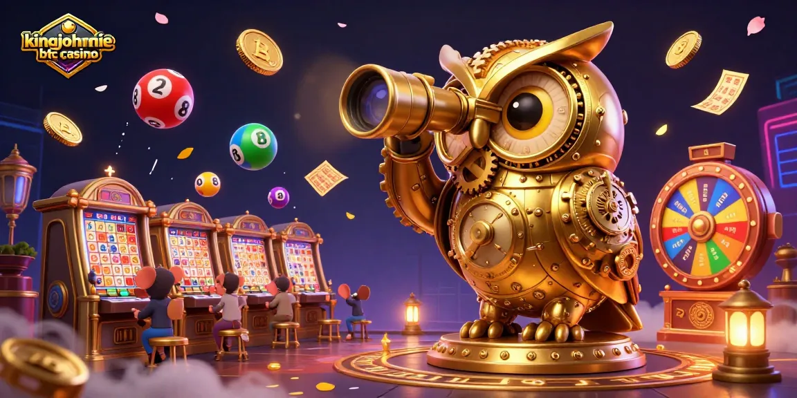 Engage with kingjohnnie btc casino amidst golden owls and lively casino elements, creating a mesmerizing gaming experience.
