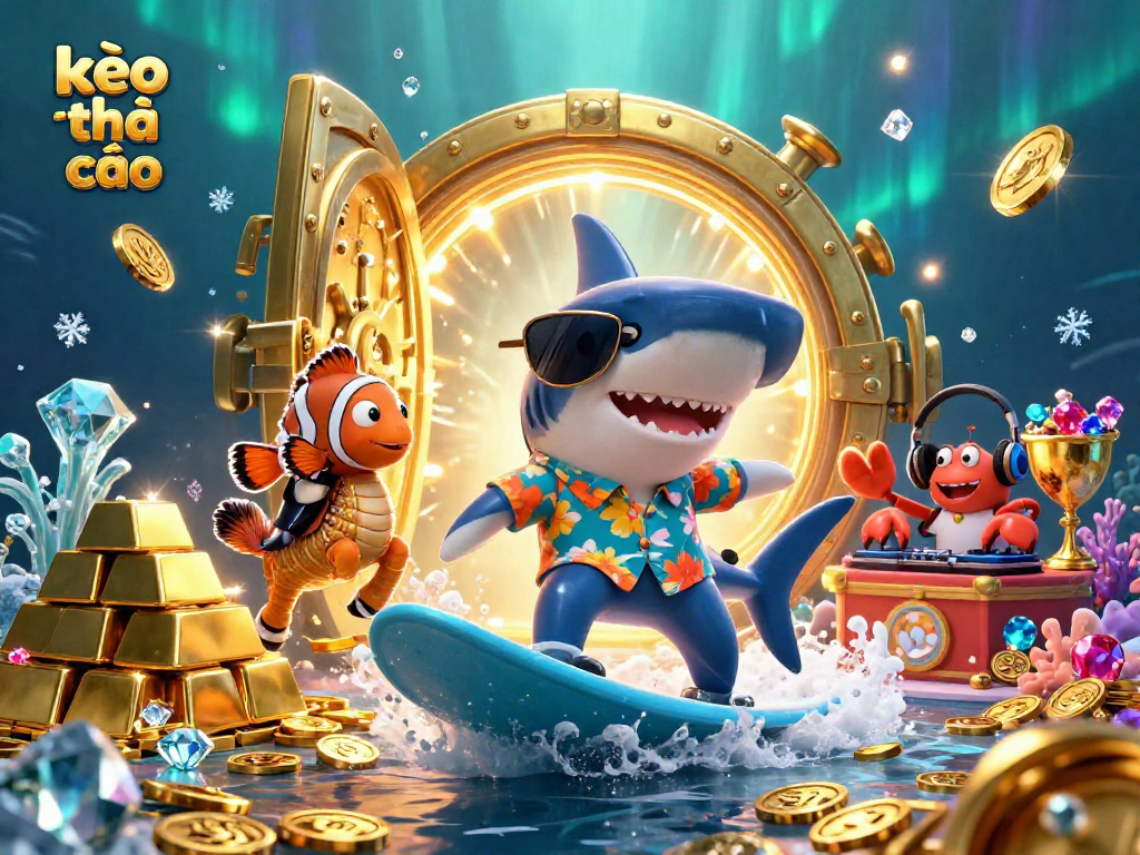 Experience kèo nhà cái strategies with a vibrant underwater casino scene featuring a shark, clownfish, and DJ crab.