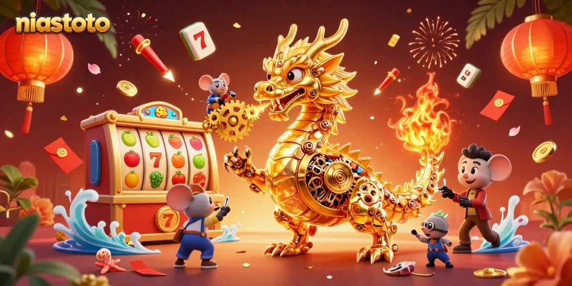 Gambarkan aksi menarik dari niastoto dengan naga emas dalam ilustrasi kasino yang megah