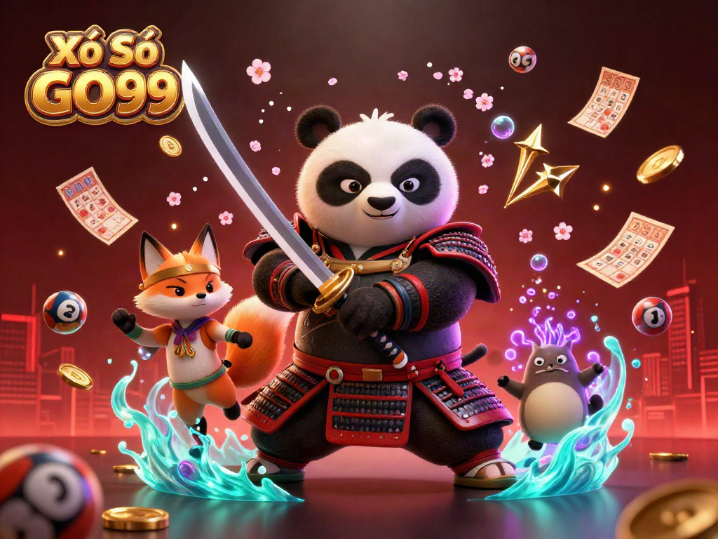 Engage with Xổ Số GO99 featuring a samurai panda, ninja fox, and spirit tanuki in an energetic lottery-themed scene.