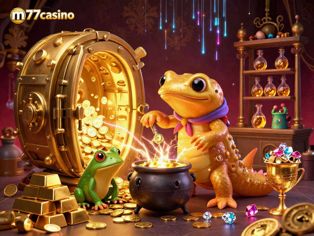 m77casino mengalirkan koin emas dalam laboratorium alkemis dengan salamander raksasa dan teman kodok