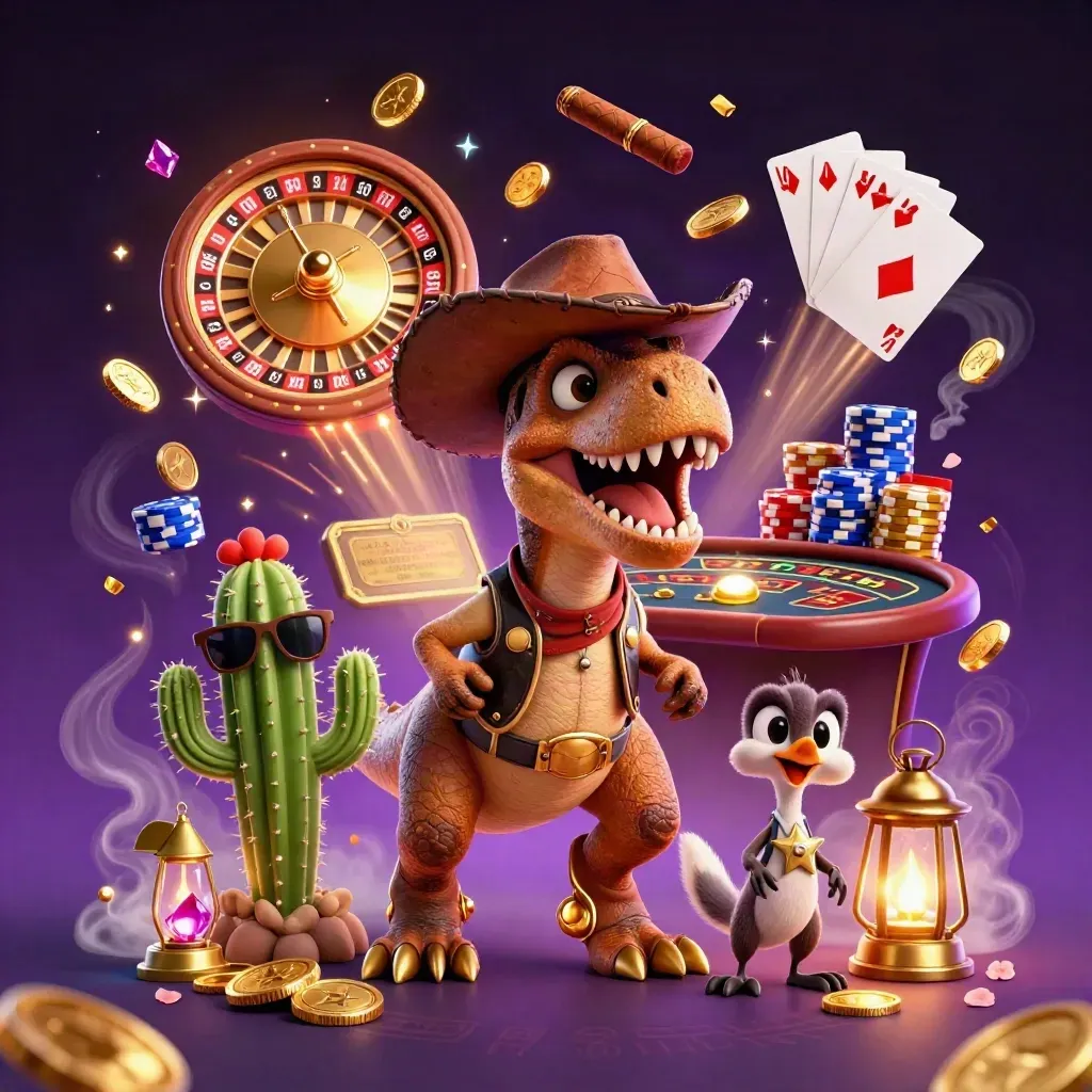 T-Rex koboi, kaktus, dan roadrunner di ruang kasino mewah bernuansa emas-ungu.