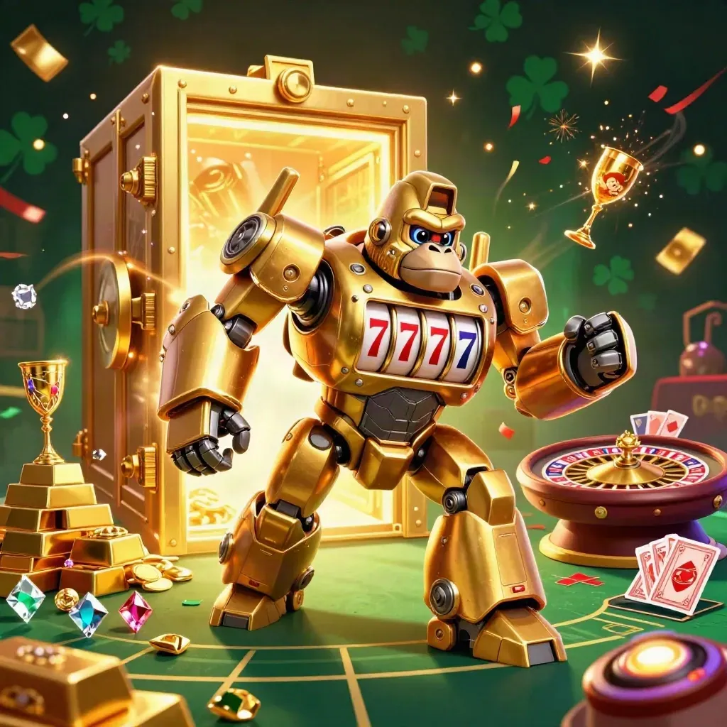 Gorila mech emas dengan pilot monyet, brankas terbuka, emas, permata, dan efek kasino mewah.