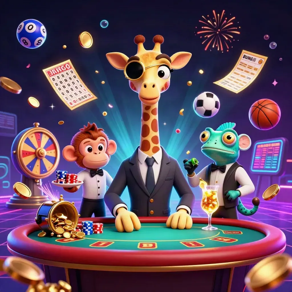 Giraffe VIP, monyet valet, dan bunglon bartender di kasino neon dengan koin emas dan hadiah meledak.