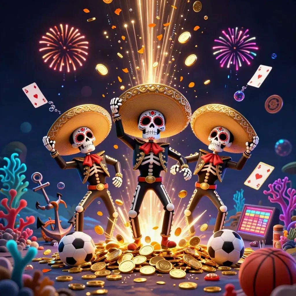 Tiga skeleton mariachi, koin emas, permata laut, dan efek neon kasino yang meledak meriah.