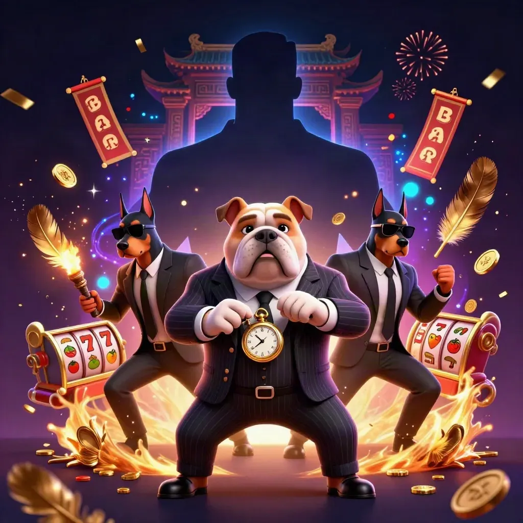Bulldog bos mafia dan dua doberman, dikelilingi koin emas, ring, gerbang kuil, dan efek neon.