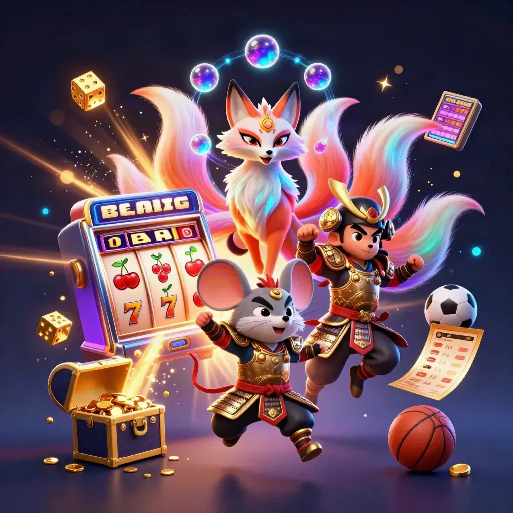 Rubah roh sembilan ekor dan tikus samurai emas dikelilingi slot, koin, dan kilau neon.