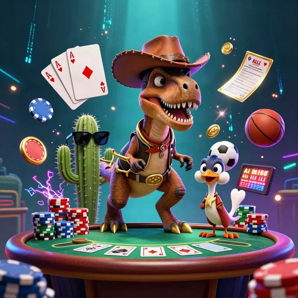 T-Rex koboi, kaktus, dan roadrunner di meja poker mewah dengan chip emas dan cahaya neon.