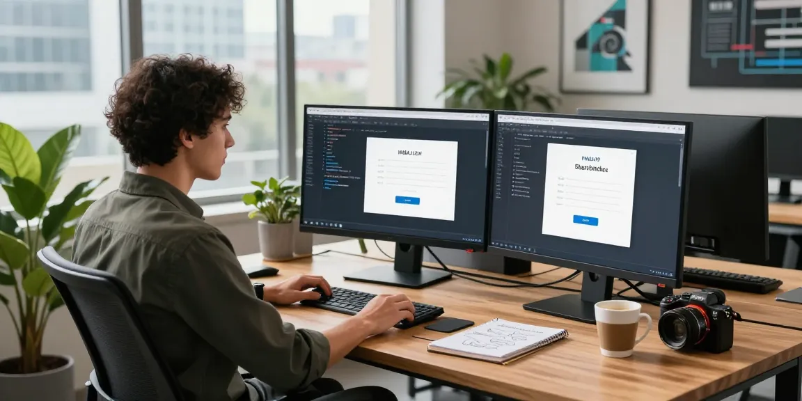 Menampilkan pengembang perangkat lunak yang bekerja dengan IMBAJP LOGIN di ruang kerja modern, dikelilingi oleh monitor dan peralatan teknologi.
