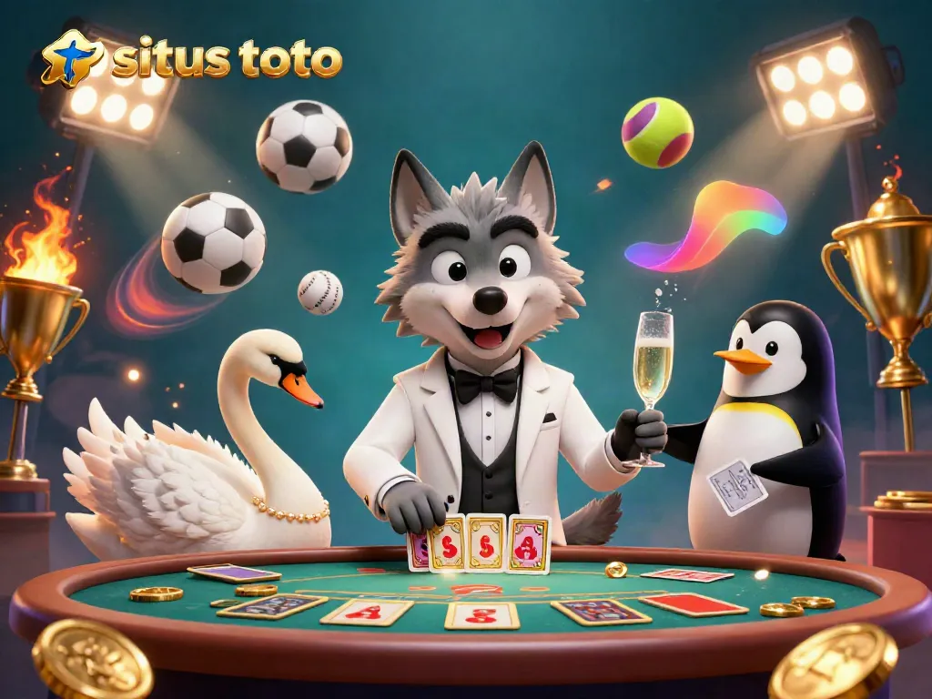 Experience situs toto excitement with a debonair wolf, elegant swan, and penguin sommelier at a vibrant casino scene.