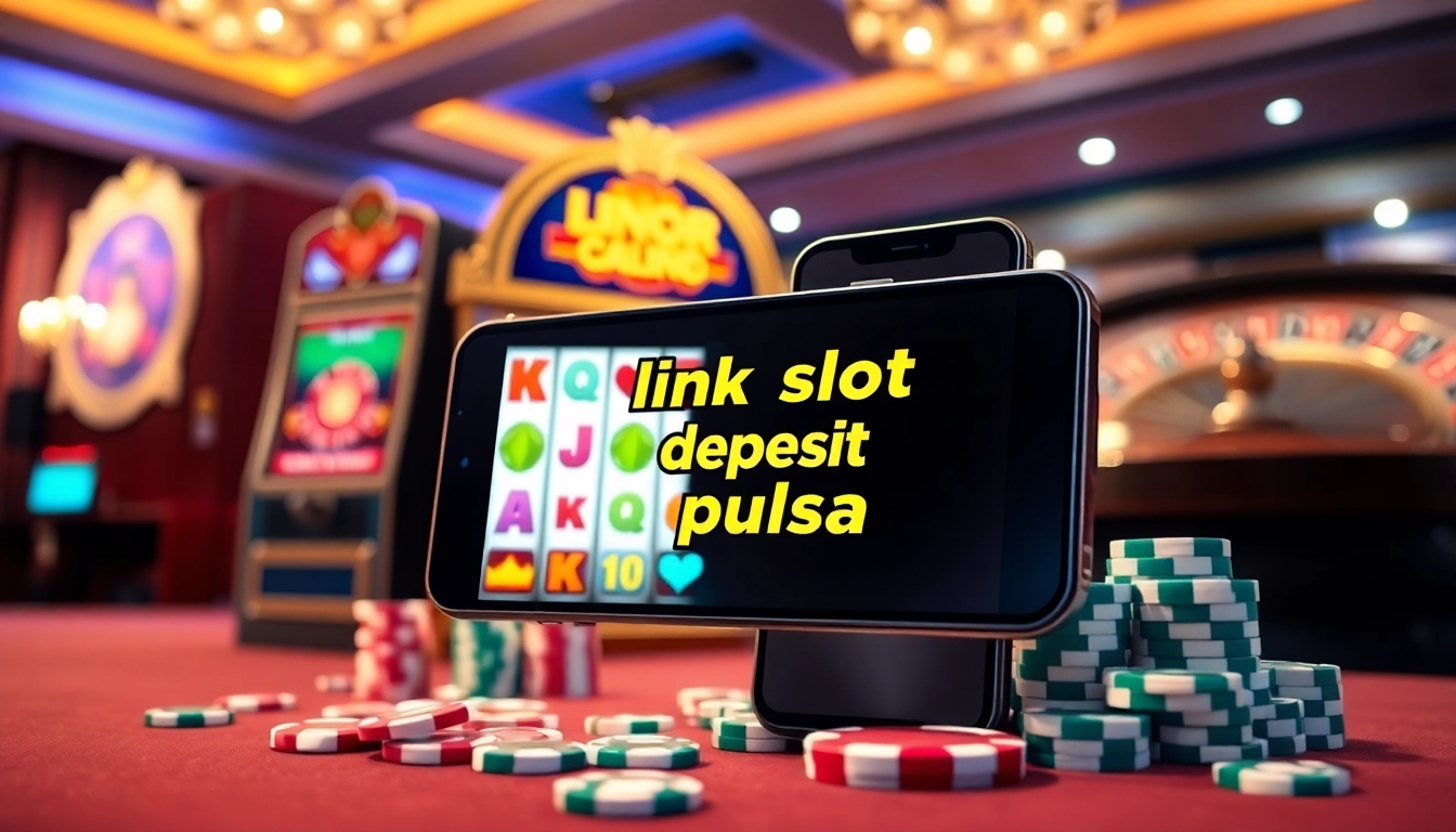 Intense gaming scene highlighting link slot deposit pulsa with slot machines and poker chips.