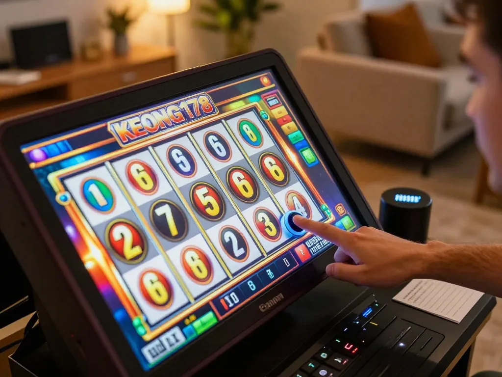 Exciting moment at KEONG178 while spinning demo slots, showcasing colorful reels and engaging gameplay
