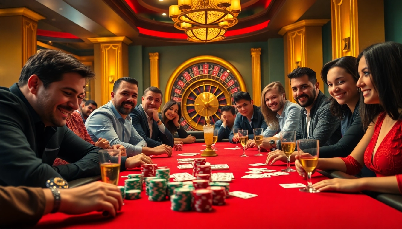Engaging players at a judi poker online table showcasing vibrant poker chips and cards.