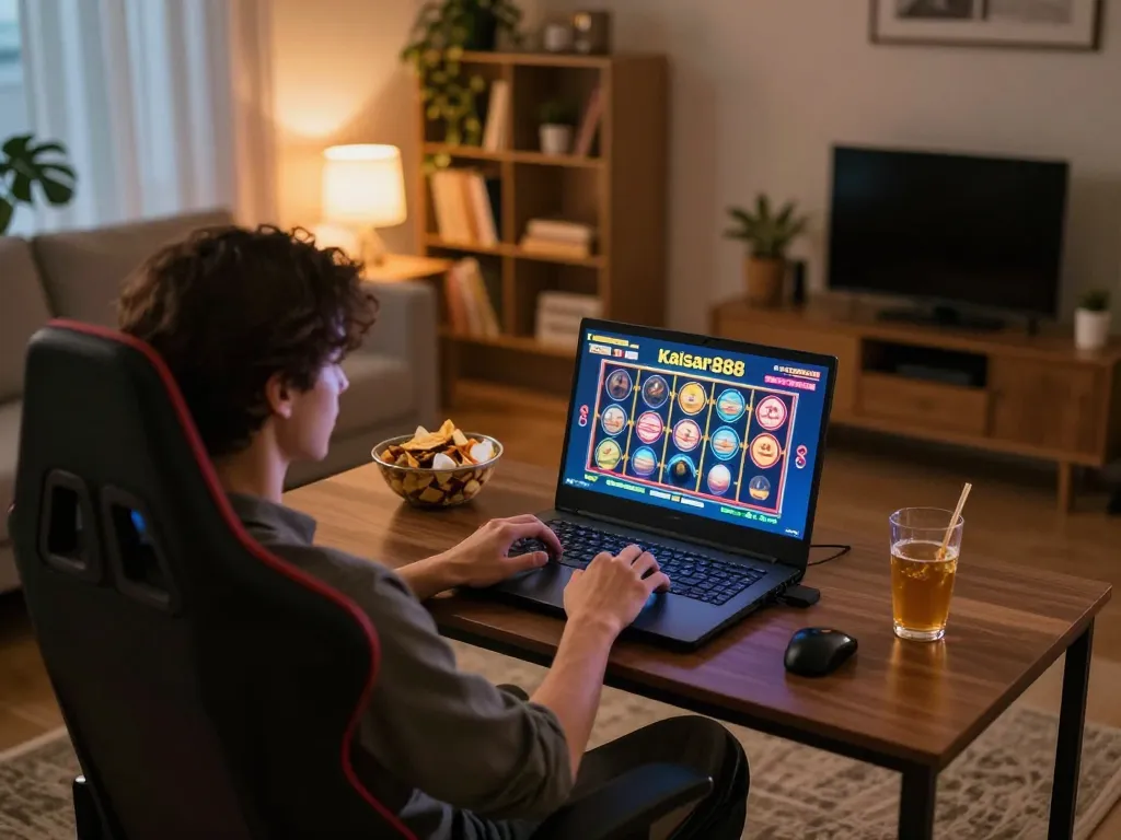 Engaging in kaisar888 slot gameplay on a laptop at a cozy home setup, showcasing warm ambiance and focused strategy.