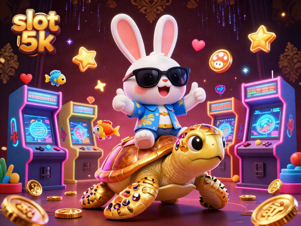 Bermain slot 5k dengan kelinci beruntung dan kura-kura emas di dunia kasino yang cerah.
