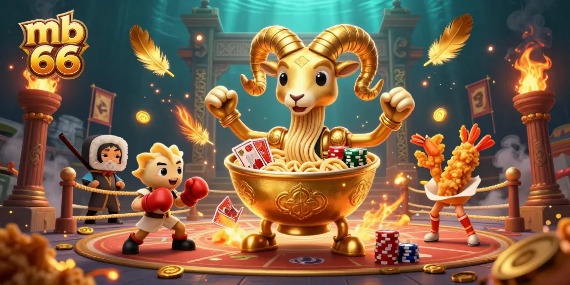 Engage with mb 66's exciting scene featuring a vibrant ramen bowl character dealing cards amidst casino elements.