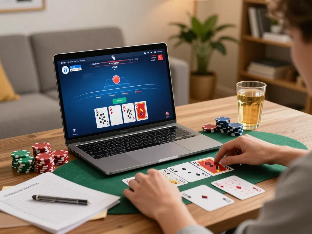 Rasakan pengalaman permainan online dengan Link sepuhplay resmi di laptop Anda yang menampilkan aksi poker yang menarik.