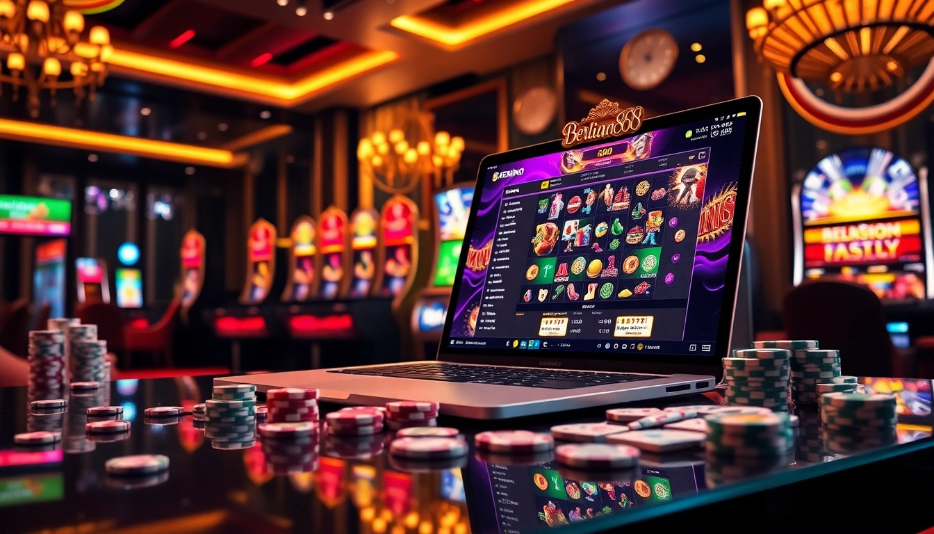 Berlian888 login interface showcases vibrant slot machines and dynamic casino elements, enticing players.
