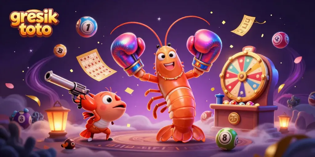 Engage with the exciting world of gambling with gresik toto, featuring a dynamic 3D scene of lively characters and vibrant gaming elements.
