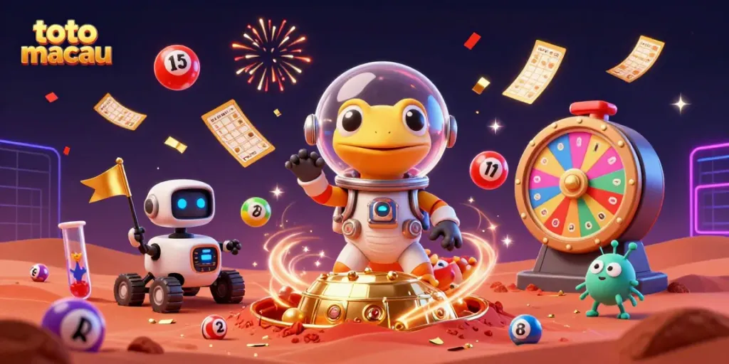 Experience exciting toto macau gameplay with a vibrant 3D Martian scene celebrating winnings amidst colorful game elements.