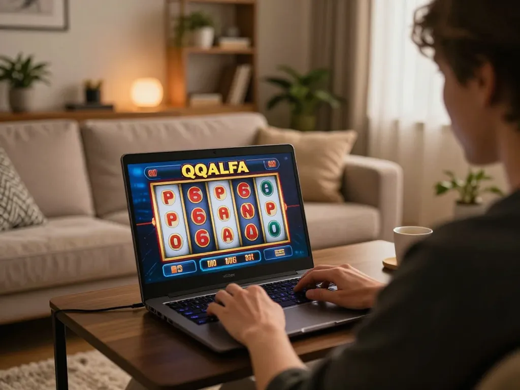 Engaged player enjoying QQALFA slot gaming on laptop in modern home environment.