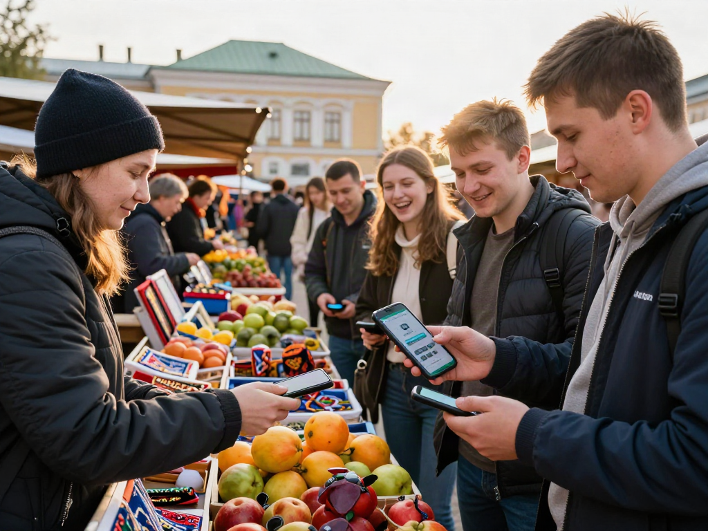Pengunjung di pasar Rusia menggunakan https://payinrussia.com/ untuk bertransaksi dengan pedagang lokal, suasana hangat.