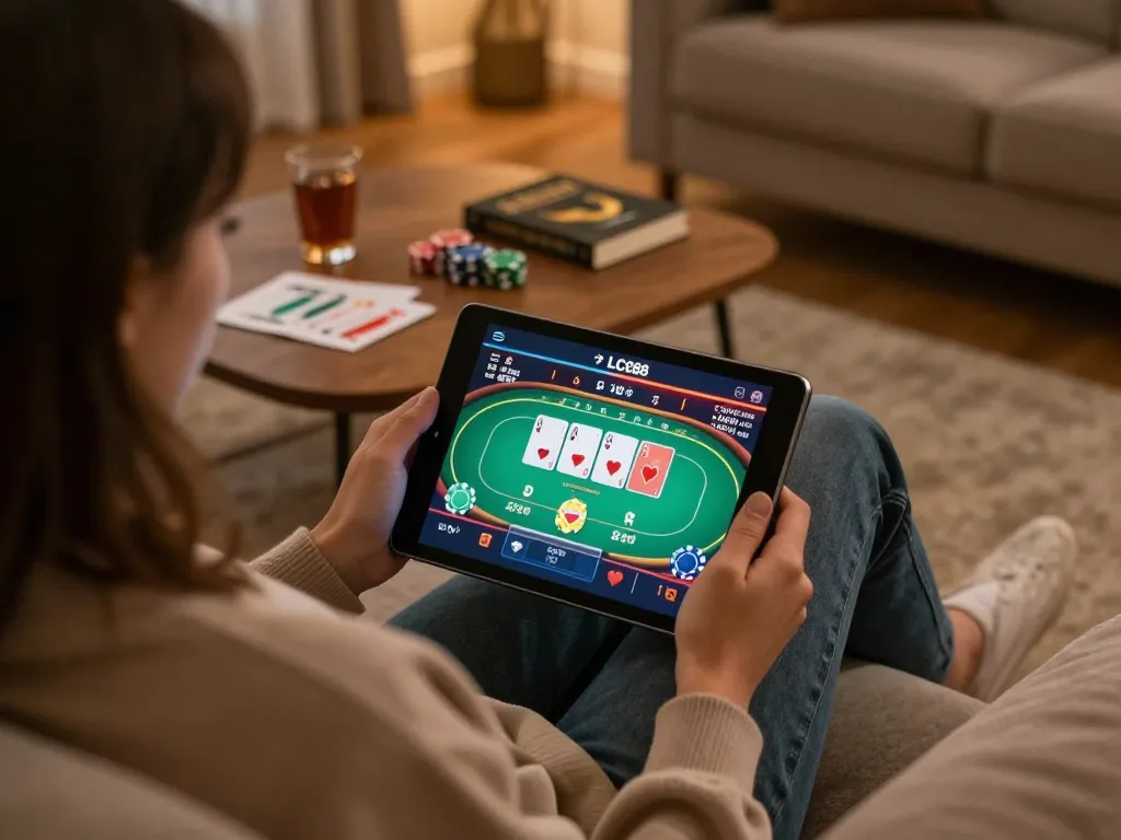 Playing poker online at LC88 on a tablet, showcasing strategic gameplay in a cozy home environment.