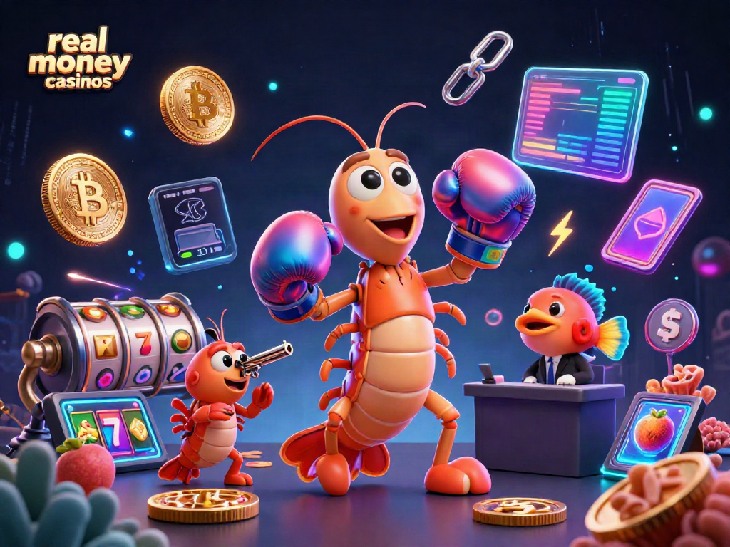 Experience the excitement of real money casinos with vibrant 3D casino characters and game elements.