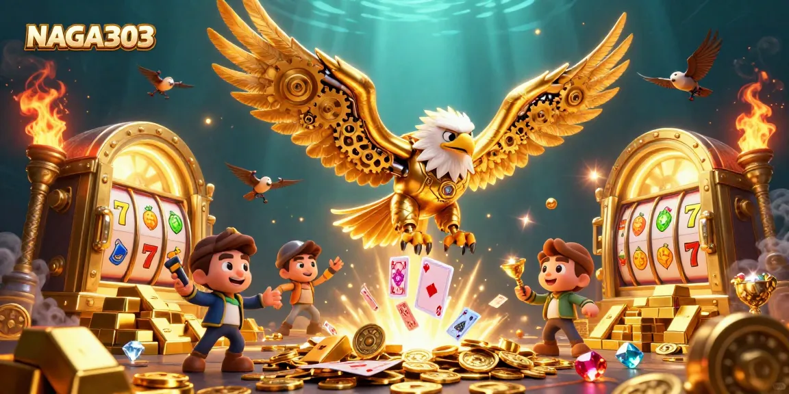 NAGA303 illuminates the gaming scene with a cybernetic eagle soaring through jackpots and treasures.