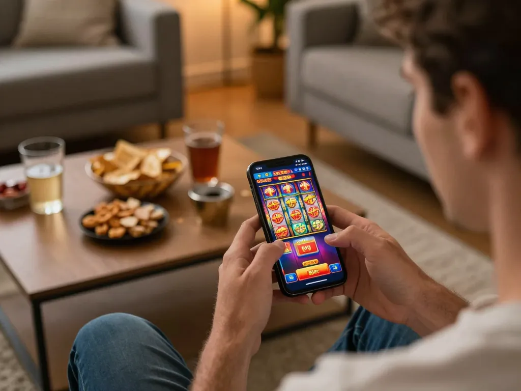 Engaging in slot online gameplay on a smartphone at home, showcasing excitement and strategic approach.