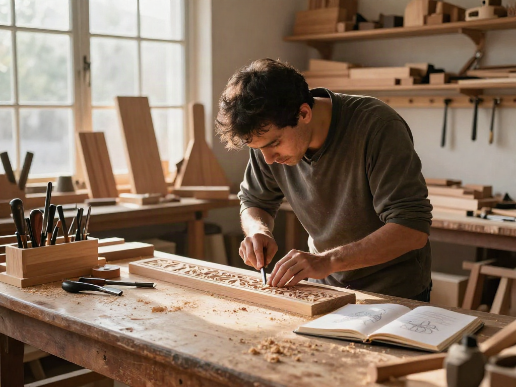Pengrajin kayu alexistogel sedang mengukir dengan alat tradisional dalam workshop yang terang.