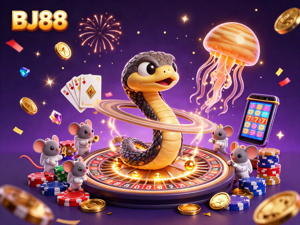 BJ88 scene highlights betting action with vibrant 3D casino elements and dynamic characters.