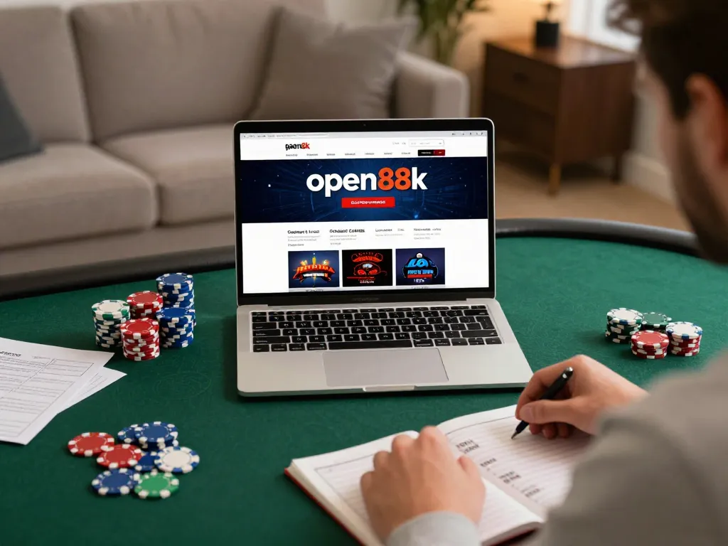 Experience open88k casino gaming strategy at home with a cozy setup, poker chips, and laptop.