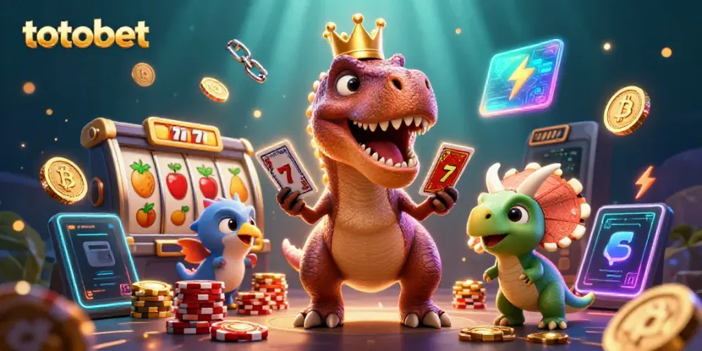 Mainkan totobet dengan ilustrasi 3D dino dan kartu, dikelilingi simbol slot dan koin kripto.
