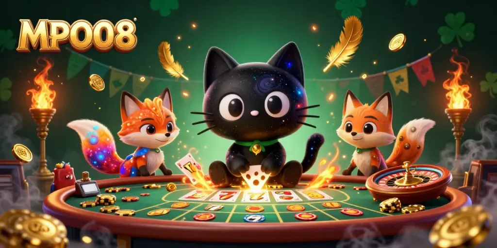 MPO08 showcases a cosmic casino scene with a black hole cat and a nebula fox amidst vibrant slots and roulette.