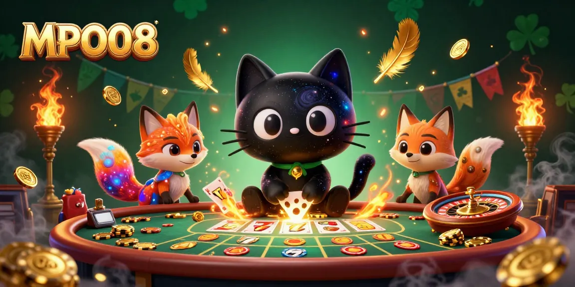 MPO08 showcases a cosmic casino scene with a black hole cat and a nebula fox amidst vibrant slots and roulette.